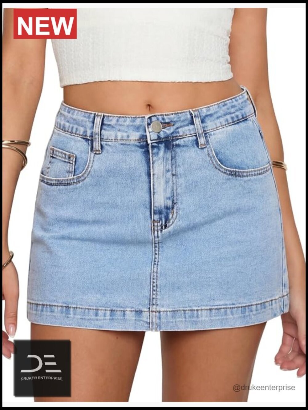 High Waisted Denim Mini Skirt with Built-in Shorts Jean Skort Stretch Denim